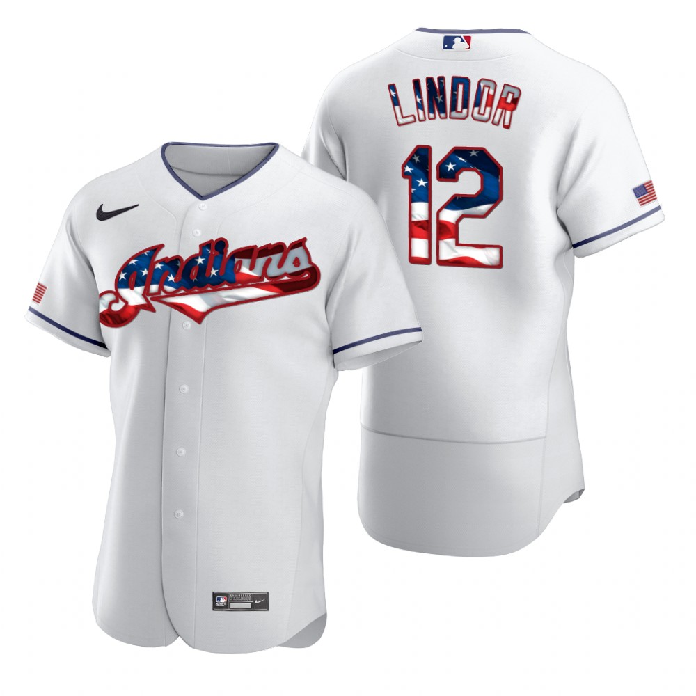 Cleveland Indians #12 Francisco Lindor Men Nike White Fluttering USA Flag Limited Edition Authentic MLB Jersey